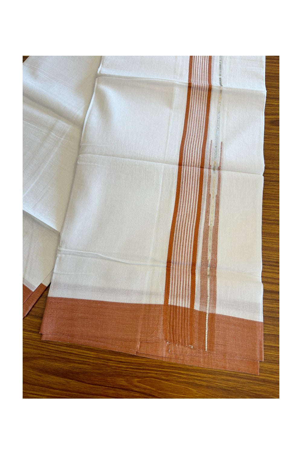 Kaitharikada  Balaramapuram 100% Pure Cotton PURE WHITE Double Mundu/Dothi - 80x92 - 1.5 Inch Dark Orange & Silver striped Chutty kara - 4KK5022VAN