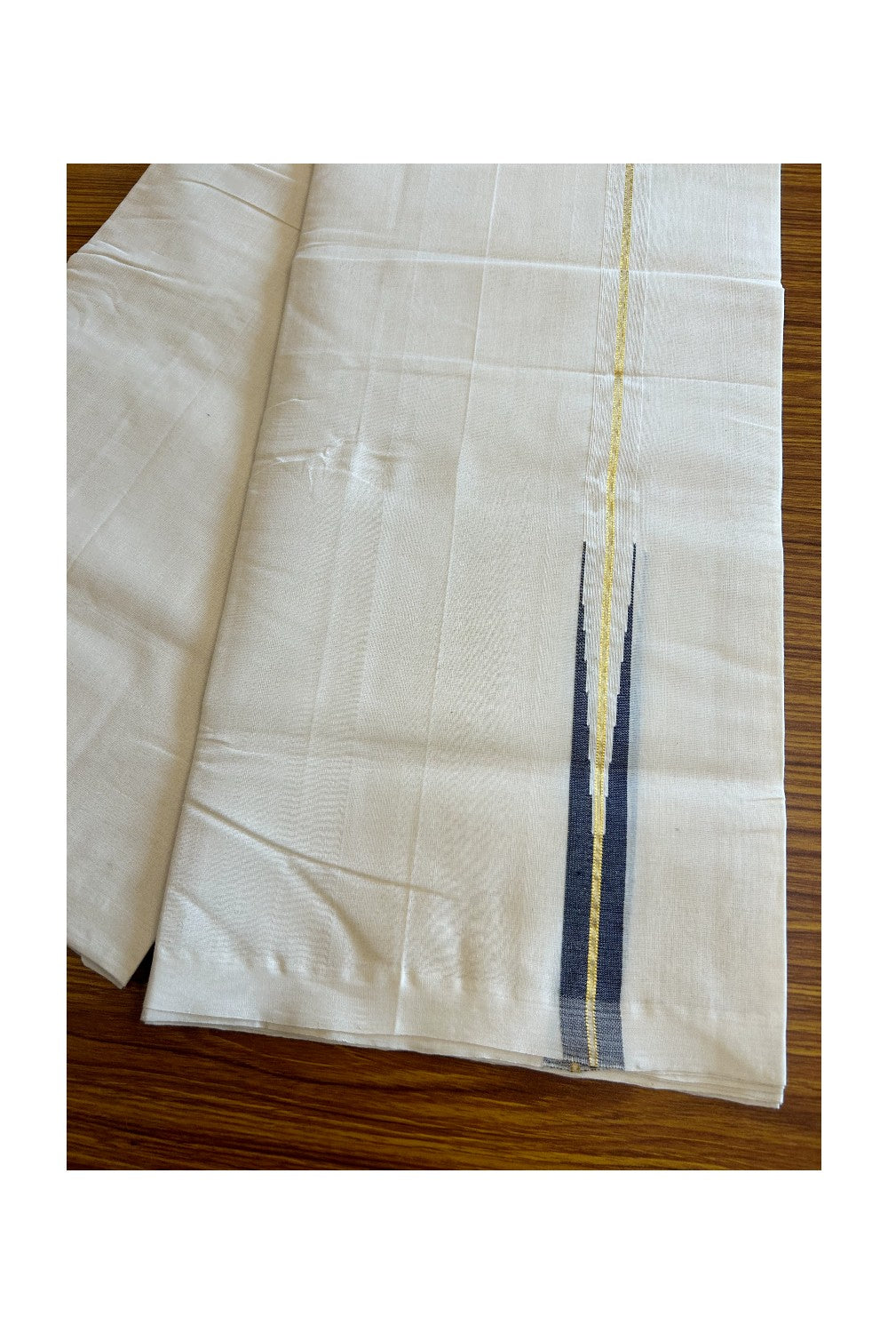 8% DISCOUNT!! KaithariKada HANDLOOM Millpaav Balaramapuram - 100% PURE Cotton OFF White Double - (Unbleached) Mundu/Dothi - 1 inch puliyilakkara Kasavu Navy Blue chutty - 4KK5029RAM