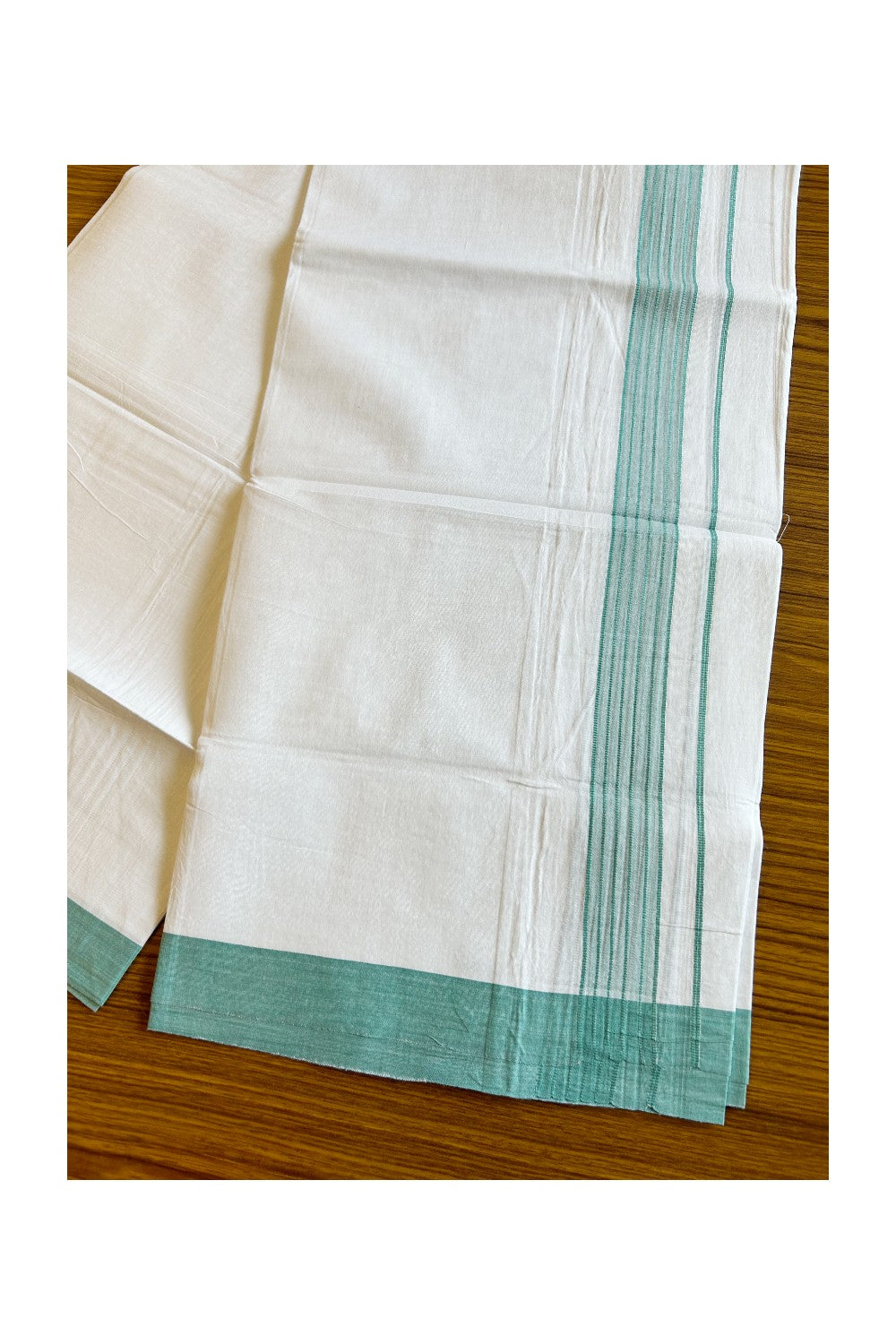 8% Discount ! Kaitharikada Balaramapuram 100% Cotton PURE WHITE SINGLE Mundu/Dothi- 1.75 inch Turquoise Striped Kara - 4KK5032GAN