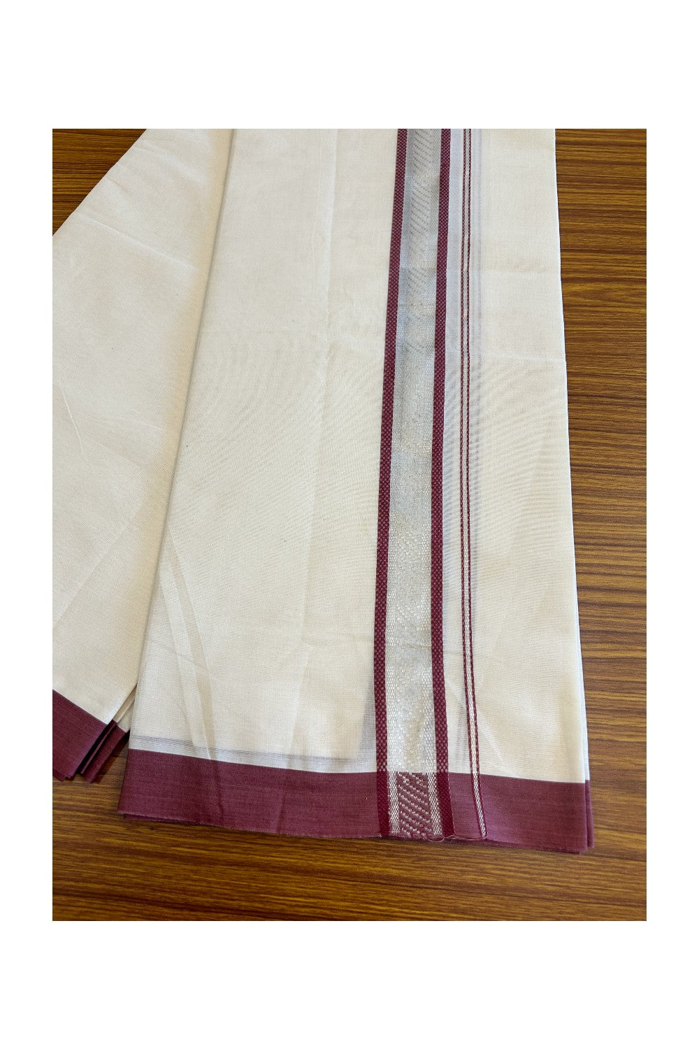 5% Discount!!! KaithariKada Balaramapuram  Double Off white - (Unbleached) Mundu/Dhoti - 80X90 - 2.25 inch SILVER  KASAVU & Maroon pattern Kara - 4KK5037KAI