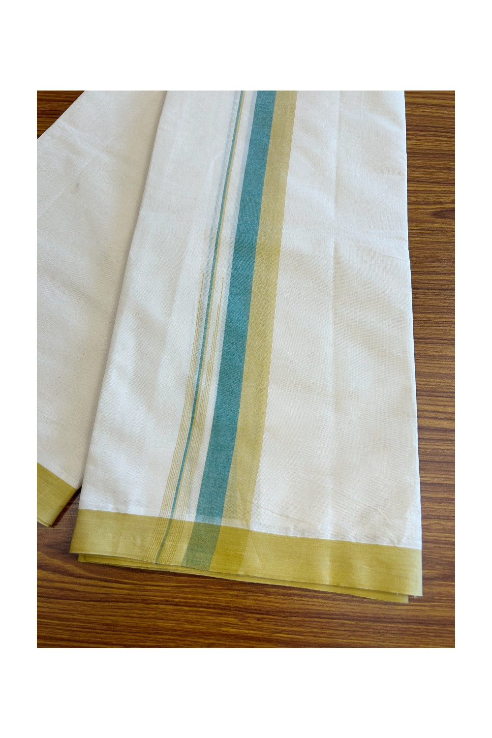 5% Discount!!! KaithariKada Balaramapuram  Double Off white - (Unbleached) Mundu/Dhoti - 80X90 - 1.75 inch Mustard Yellow & Green shaded puliyilakkara striped chutty - 18KK5037KAI