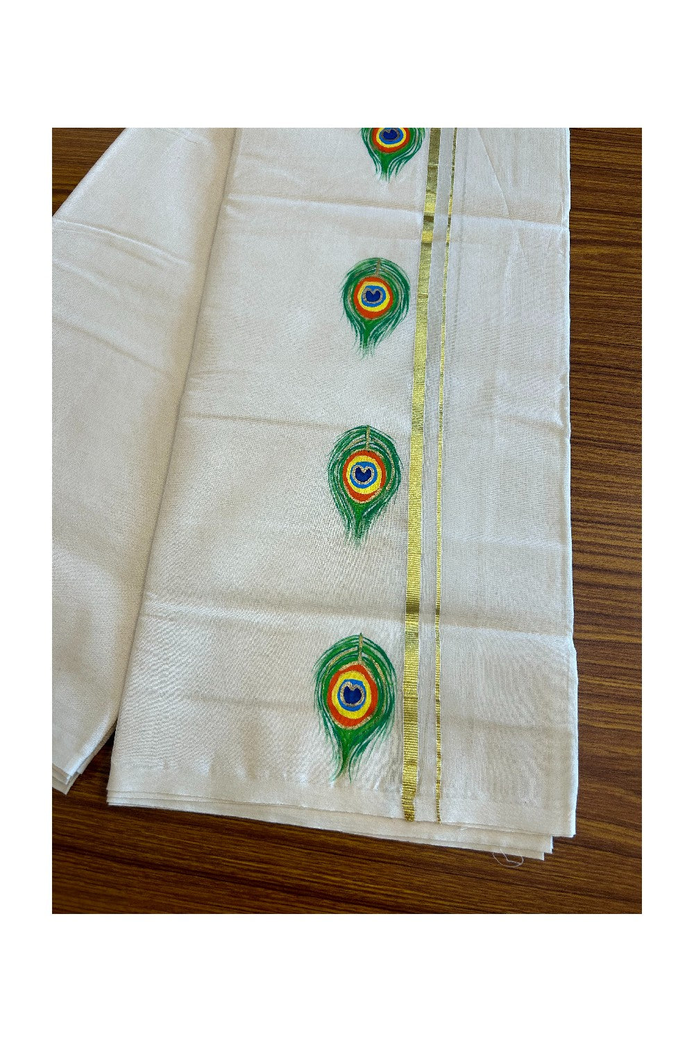 KaithariKada Balaramapuram 100% Cotton Double Off white - (Unbleached) Mundu/Dhoti - 100x80 0.75 inch Kasavu & Hand Painted Peacock Feather Design Kara 3.70 meter- 4KK5038KK