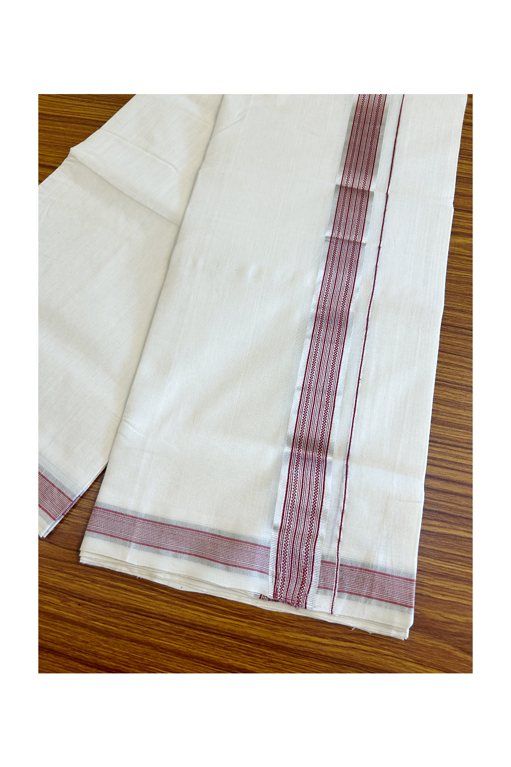 15% DISCOUNT! KaithariKada BALARAMAPURAM HANDLOOM UNAKKUPAAV - 100% PURE Cotton Double Mundu/Dhoti - 2 inch Silver Kasavu & Maroon Stripes Kara- 4KK503RAM