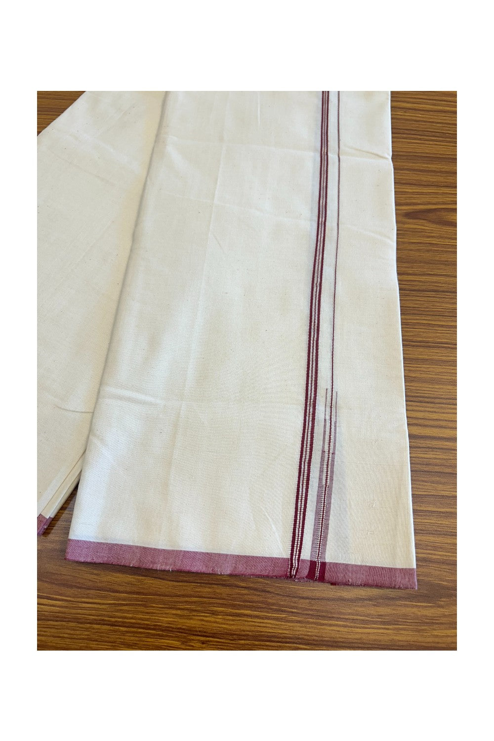 SIGNATURE KAITHARIKADA EXCLUSIVE SINGLE DHOTI - 100% Cotton Balaramapuram HANDLOOM Single Mundu/Dhoti - Off White - (Unbleached) -1 cm Maroon & Silver Striped KASAVU Chutty Kara - 4KK5040KAI