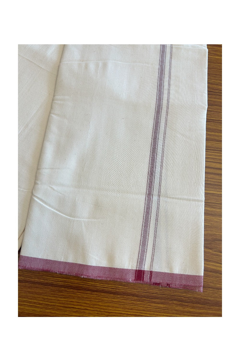 SIGNATURE KAITHARIKADA EXCLUSIVE SINGLE DHOTI - 100% Cotton Balaramapuram HANDLOOM Single Mundu/Dhoti - Off White - (Unbleached) 1 cm Maroon & Silver KASAVU Kara - 4KK5050KAI