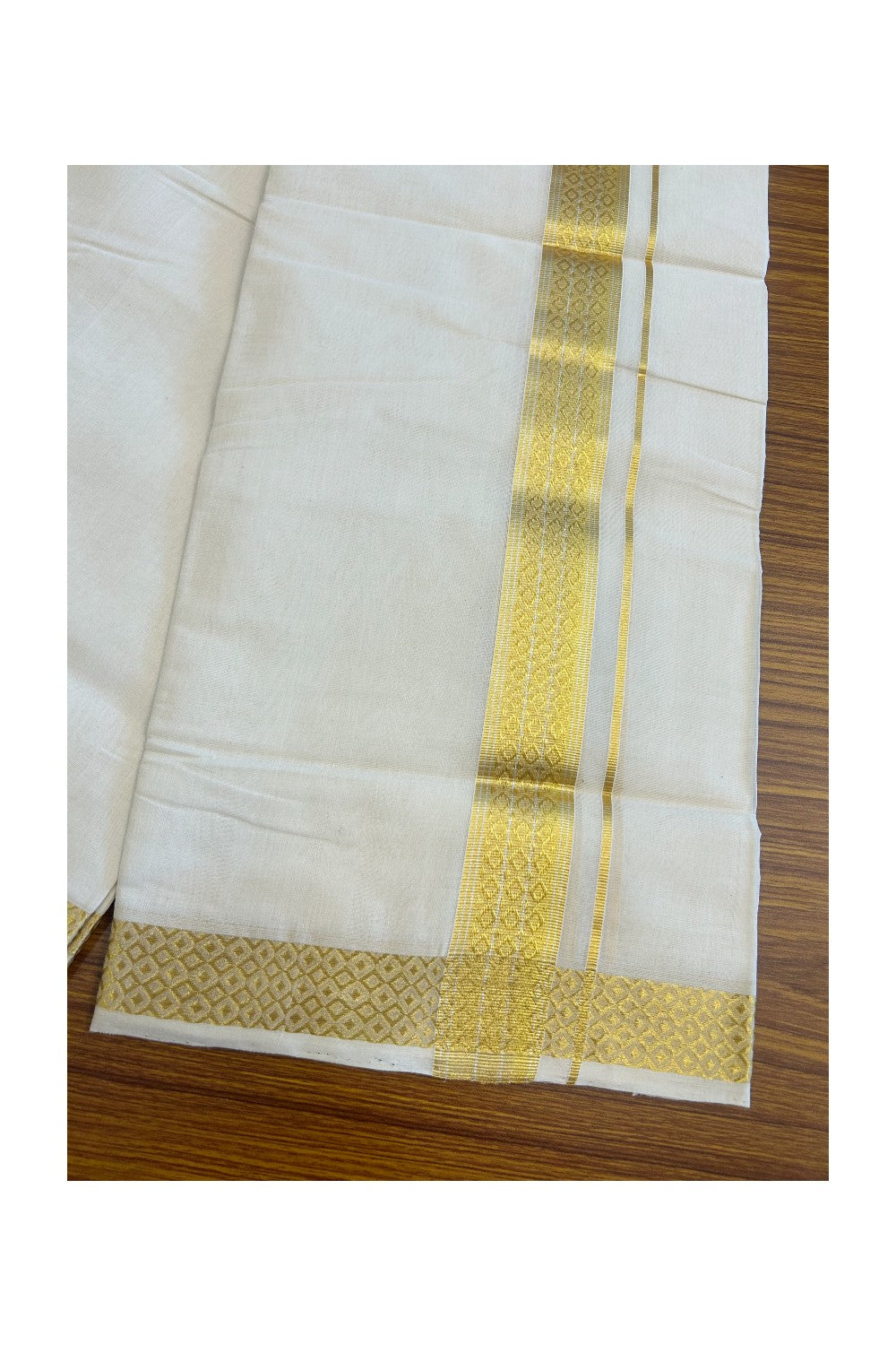 35% DISCOUNT! KaithariKada HANDLOOM Millpaav Balaramapuram - 100% PURE Cotton Off White Double Mundu/Dhoti -2.25  inch  Designer Kasavu Kara-29