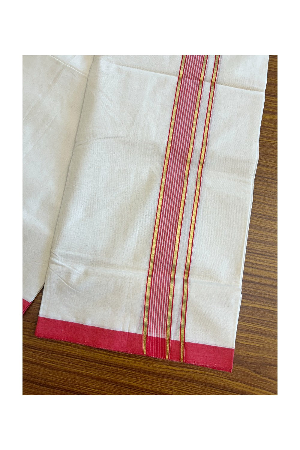 15% DISCOUNT! KaithariKada BALARAMAPURAM HANDLOOM UNAKKUPAAV - 100% PURE Cotton off white (Unbleached) Double Mundu/Dhoti - 2 inch Kasavu & Pink Red Stripes Kara-62