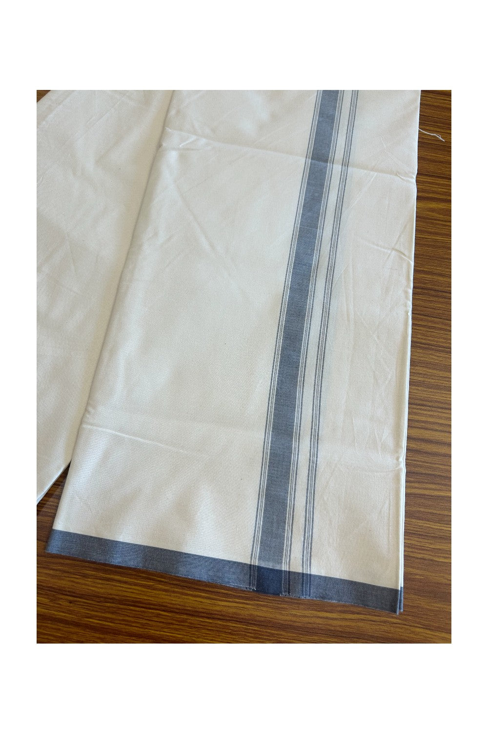 19% DISCOUNT ! KaithariKada Balaramapuram 100% COTTON SINGLE OFF WHITE - (Unbleached) Mundu/Dhoti-Twisted 100s Thread- 1.5 inch GRAY Striped Kara- 4KK5055ASH