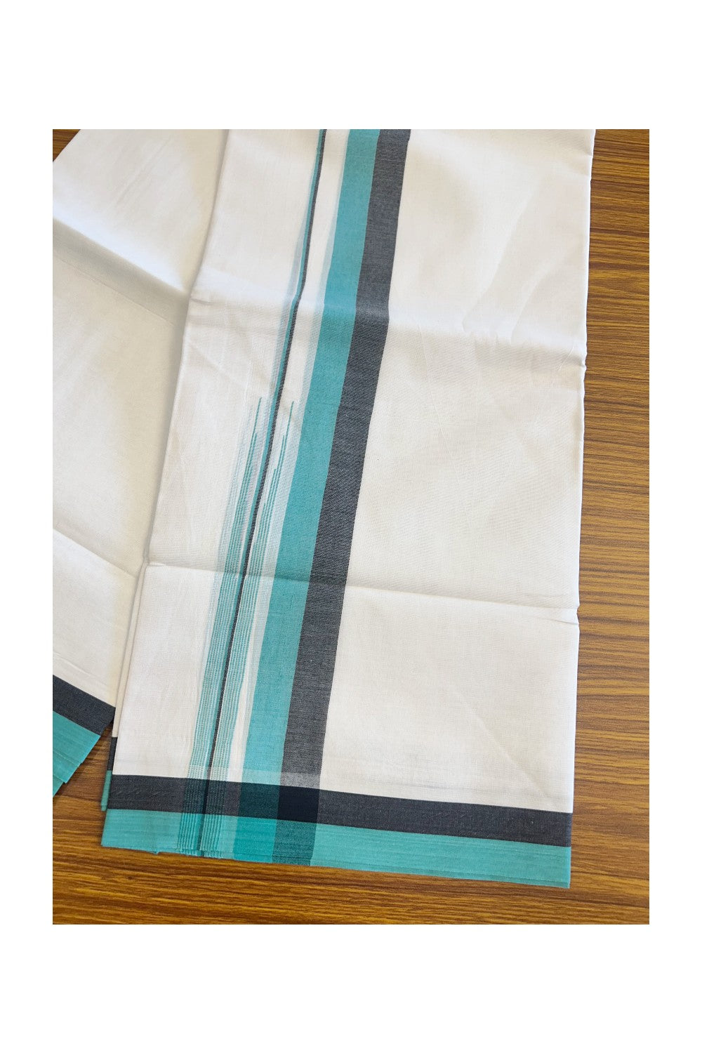 19% Discount!!! KaithariKada Balaramapuram  PURE WHITE Double Mundu/Dhoti - 80X90 - 2 inch Black & Turquoise Green  puliyilakkara striped chutty kara 3.85 meters - 4KK5058GUN