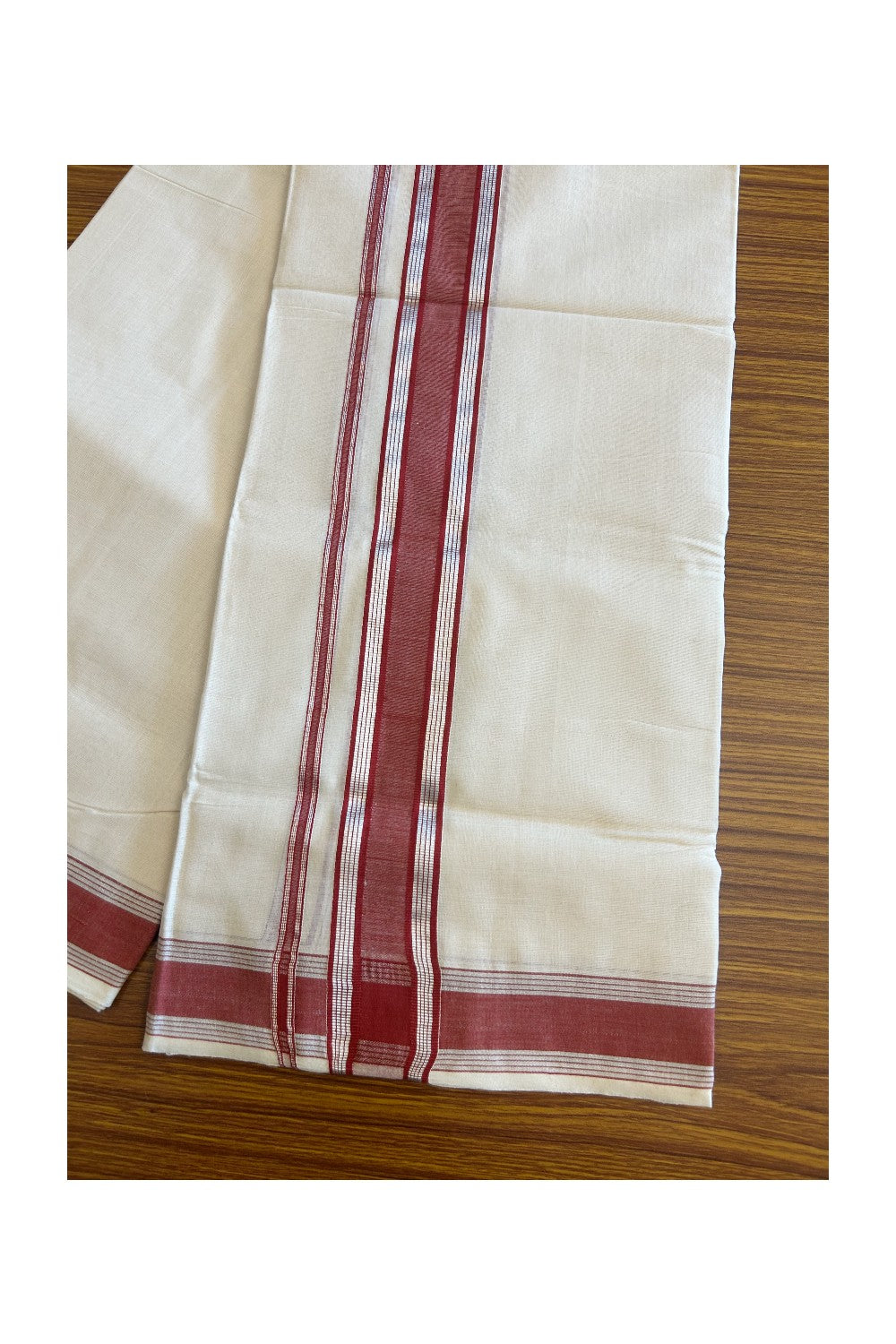 10% DISCOUNT!KaithariKada Handloom  Balaramapuram 100% Cotton Double Off white (Unbleached) Mundu/Dhoti-100X100- 2.75 inch Silver  Kasavu & Red Kara.-6.