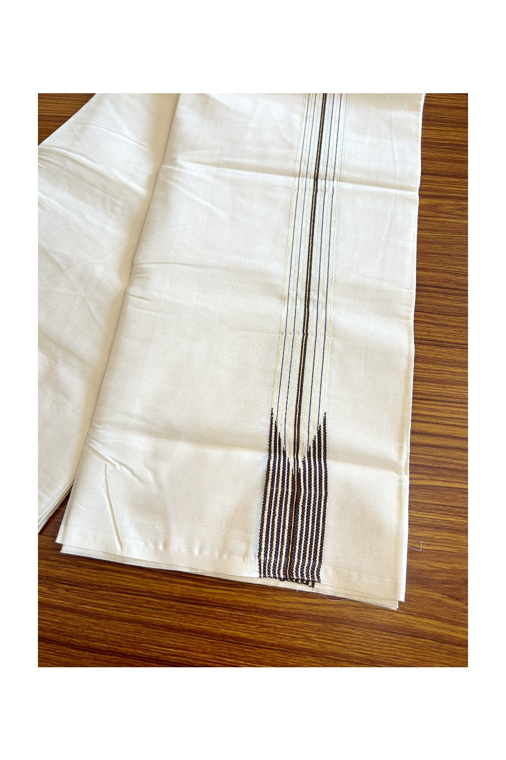 21% DISCOUNT ! KaithariKada 100% Cotton OFF WHITE Double - (Unbleached) Dhoti/Mundu - 12 Line Puliyilakkara Chutty Brown & Kasavu Stripes - 4KK5063KKK