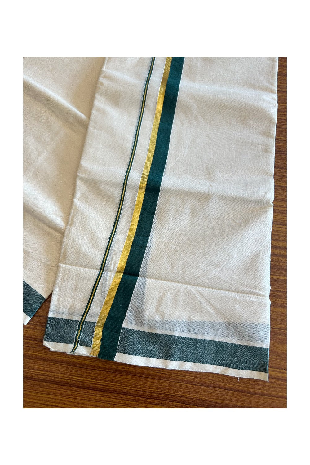 10% Discount! KaithariKada Balaramapuram 100% Cotton Off White - (Unbleached) Double Mundu/Dhoti-80x72 DARK GREEN & KASAVU - 8KK57VIN