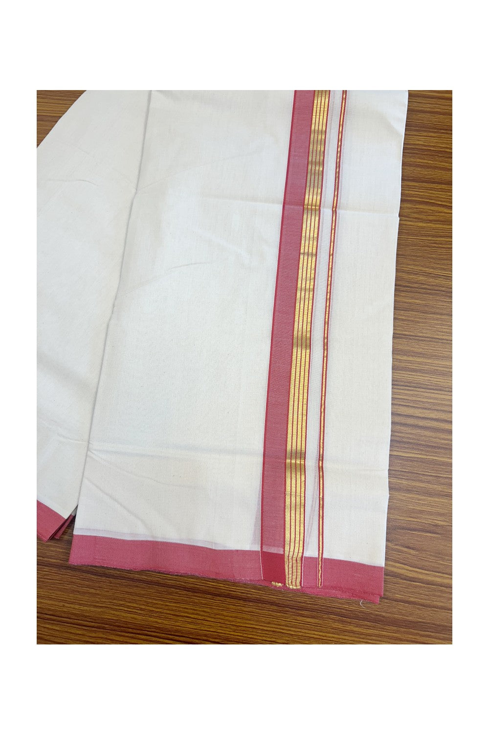 19% Discount !! KaithariKada HANDLOOM millpaav Balaramapuram - 100% PURE Cotton OFF White Double - (Unbleached)  Mundu/Dothi - 2.25  inch Kasavu stripes & Reddish Pink Kara 4.5 Meters (10 Muzham) - 4KK5081RAM