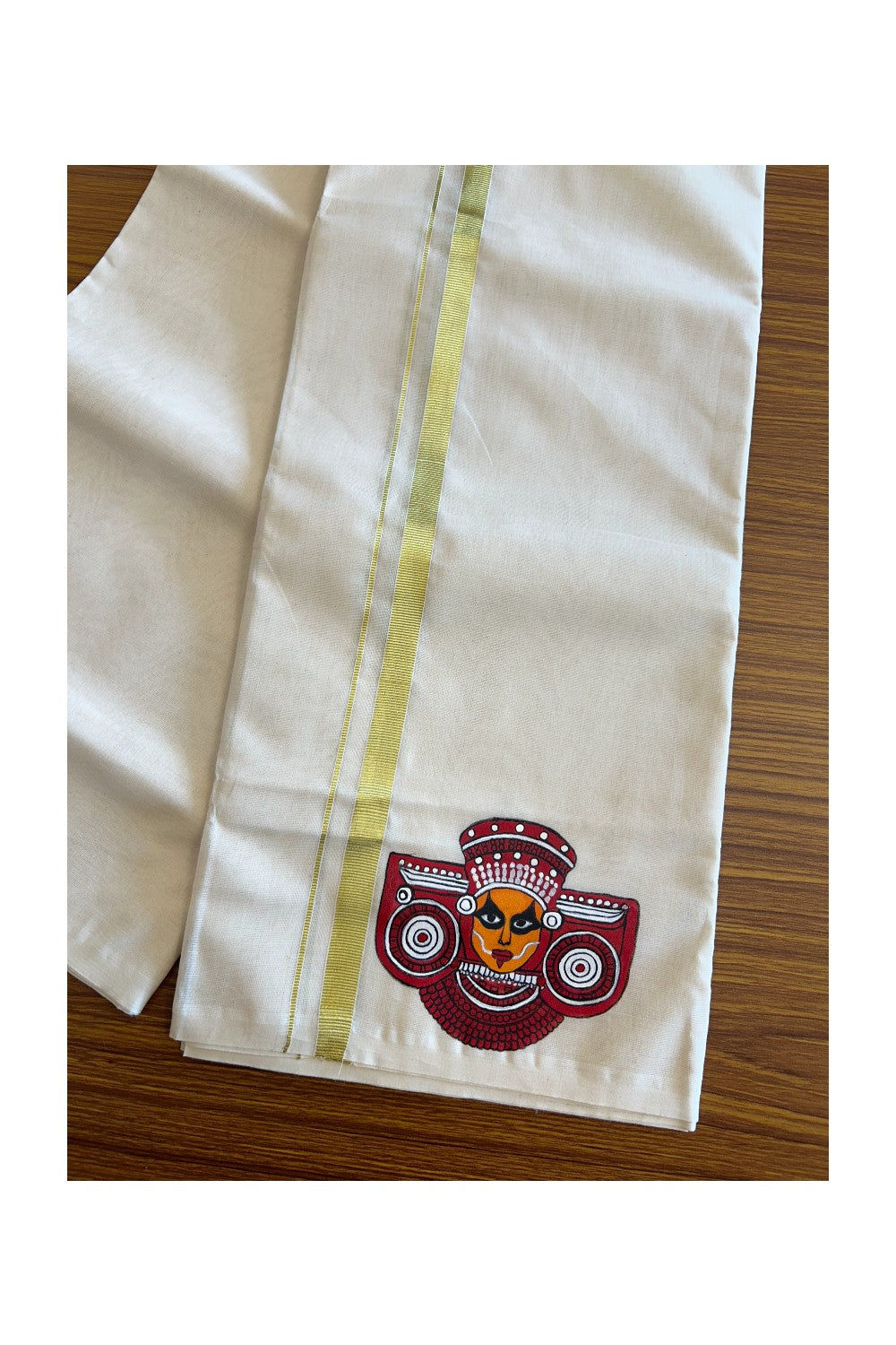 KaithariKada Balaramapuram 100% Cotton Double Off white - (Ubleached) Mundu/Dhoti-100x80 1 inch Kasavu & Hand Painted Theyyam Design Kara 3.70 meter- 4KK5083ASH