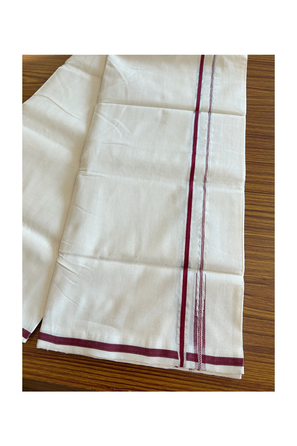 19% DISCOUNT!! KaithariKada HANDLOOM UNAKKUPAAV Balaramapuram - 100% PURE Cotton OFF White - (Unbleached) Double Mundu/Dothi - 1 cm Puliyilakkara Maroon & Silver Kasavu chutty Kara - 4KK5089YAR