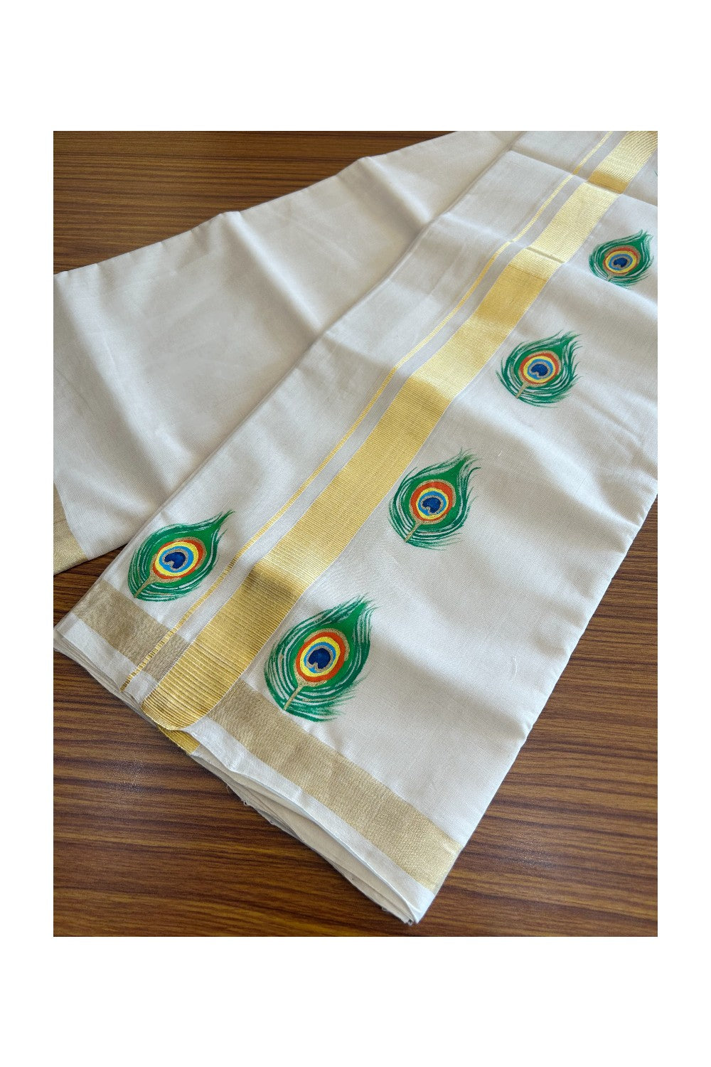 KaithariKada HANDLOOM Millpaav Balaramapuram - 100% PURE Cotton OFF White - (Unbleached) Double Mundu/Dothi - 1.75 Inch Kasavu kara Hand Painted Peacock feather Design - 4KK5091RAM