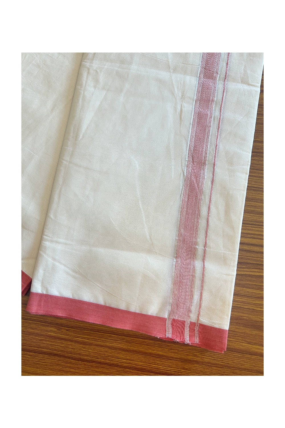 19% DISCOUNT ! KaithariKada 100% Cotton OFF WHITE (Unbleached) Double Dhoti/Mundu- 1.75 inch Puliyilakkara Reddish Pink & Silver Striped Kara 4.26 Meters (9.13 Muzham) - 4KK5093ASH