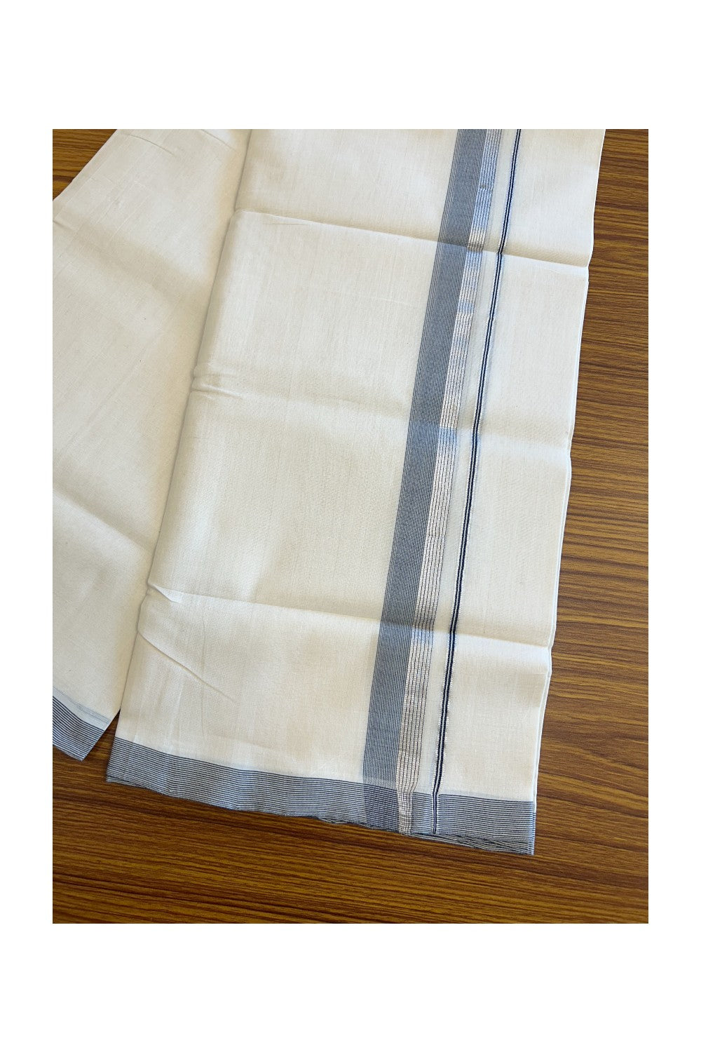 19% Discount! KaithariKada HANDLOOM UNAKKUPAAV Balaramapuram - 100% Cotton Double OFF White (Unbleached) - Mundu/Dhoti - 100x100 2.25 inch Blue &Silver kasavu Stripes Kara - 4KK5096YAR