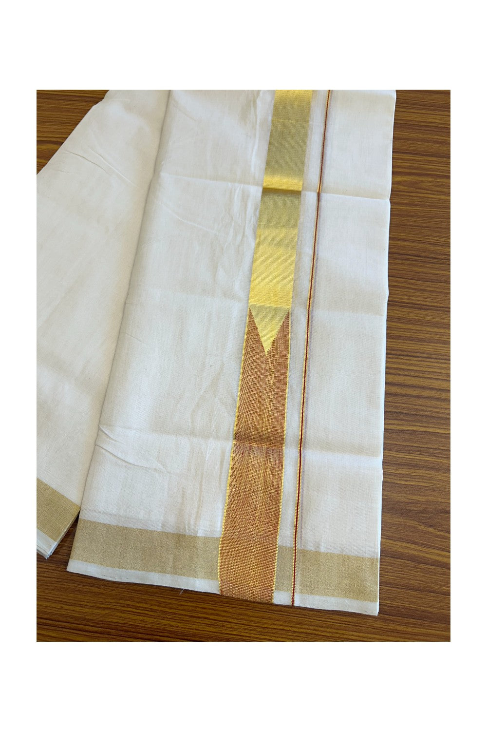 30% DISCOUNT ! KaithariKada HANDLOOM Unakkupaav Balaramapuram - 100% PURE Cotton Off White - (Unbleached) Double Mundu/Dhoti - 100x100 Kasavu 1.5 Inch RED Chutty - 4KK5097ABH