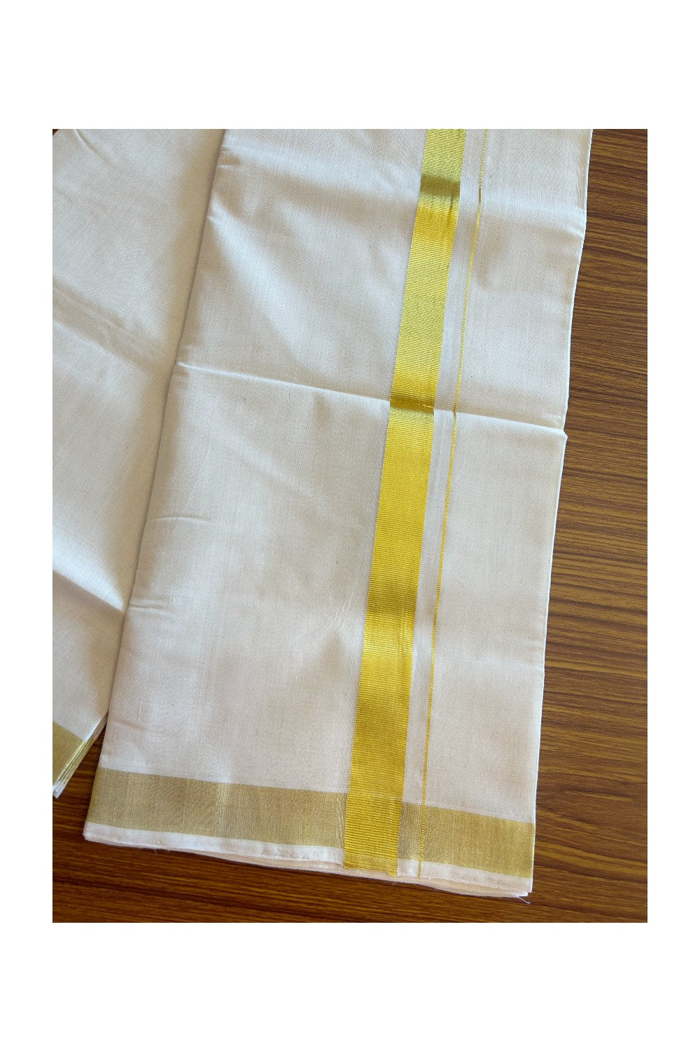 30% DISCOUNT!! KaithariKada HANDLOOM Unakkupaavu Balaramapuram - 100% Cotton Double OFF White - (Unbleached) Mundu/Dhoti - 100x100 - 1.5 inch Gold Kasavu Kara 3.80 meters - 4KK5099ELA