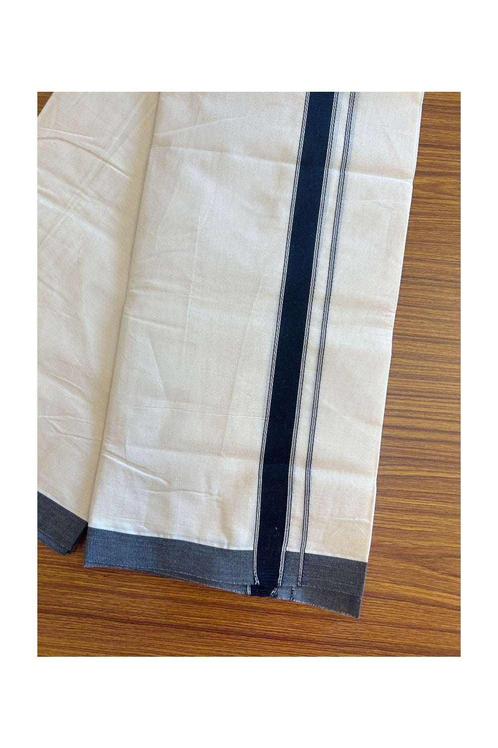 19% Discount ! KaithariKada Balaramapuram 100% Cotton Double Off white - (Unbleached) - Mundu/Dhoti- 100x80 - 1.75 inch  Black Side Striped Kara.- 4KK5101ASH