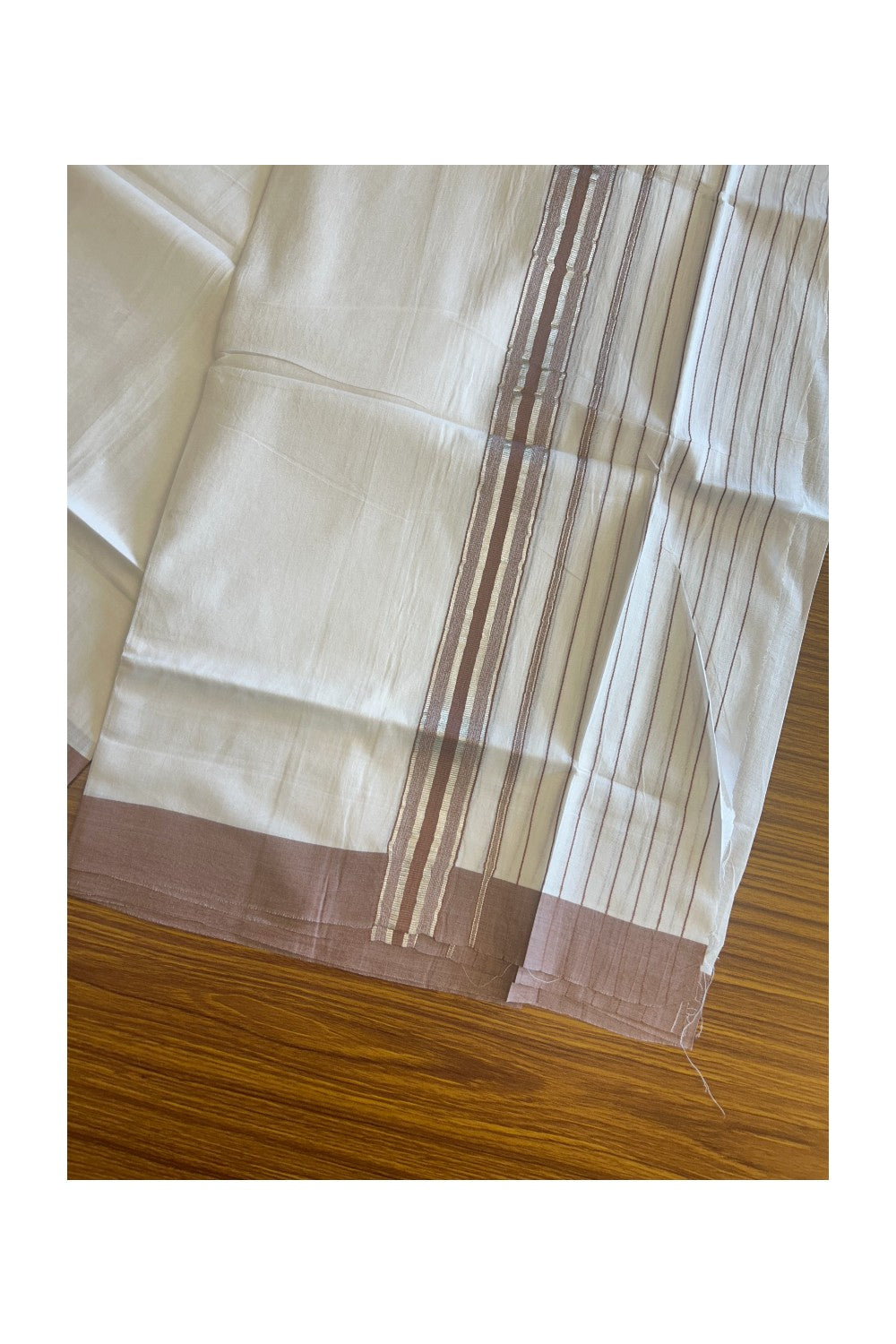 20% Discount !! KaithariKada Balaramapuram Double PURE WHITE Mundu/Dhoti- 100x80 - 6.25 inch Pale Brown & Silver Striped kara - 3.90 mtr - 4KK5112PMC