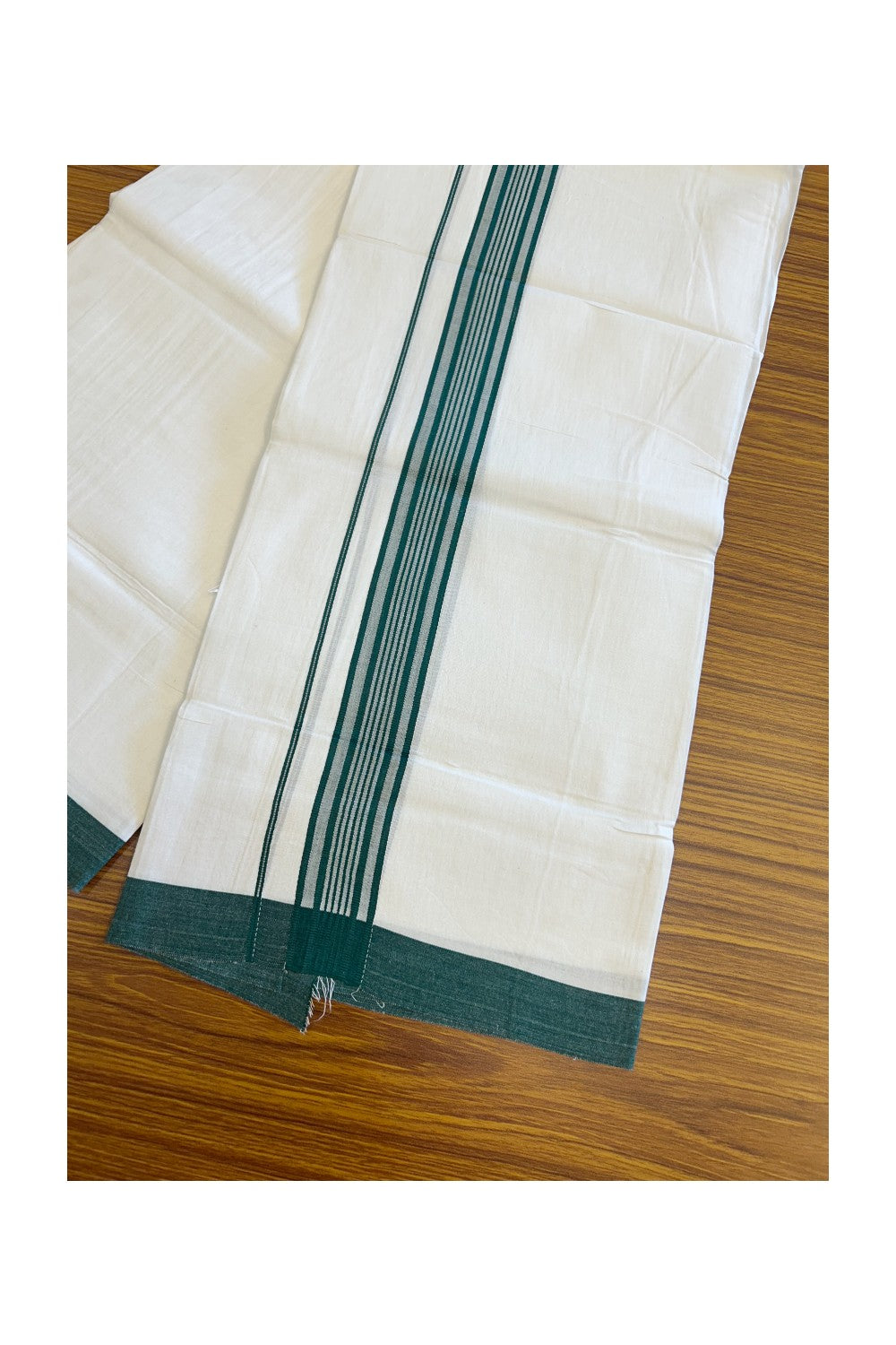 8% DISCOUNT ! KaithariKada Balaramapuram 100% Cotton Pure white Single Mundu/Dhoti - (40S) - 2 inch Green  Striped  Kara (2 meter / 4 muzham) - 4KK5115THI.