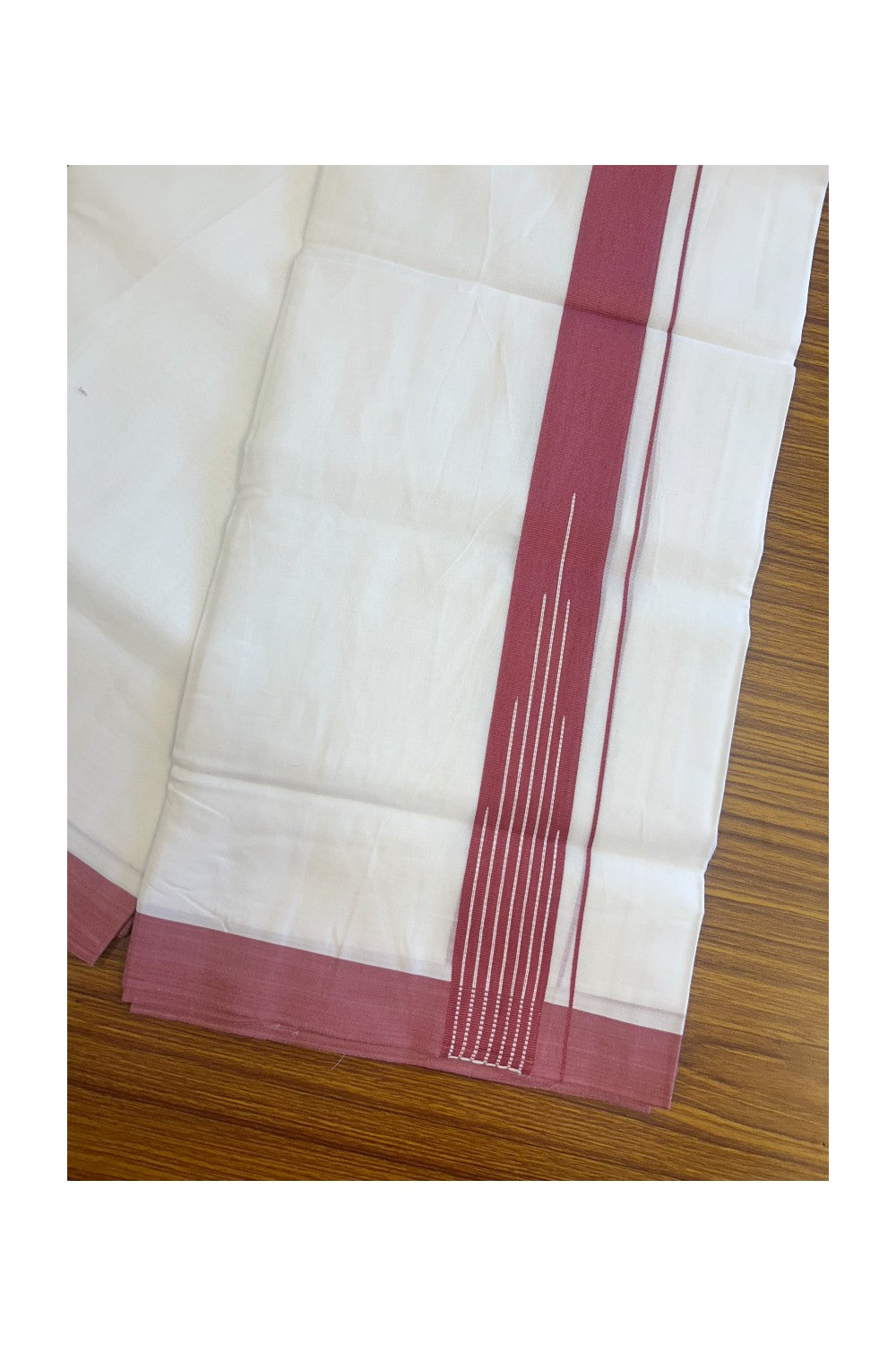 20% DISCOUNT! KaithariKada Balaramapuram 100% Cotton PURE WHITE Double Mundu/Dhoti-100x80 1.5 inch Reddish Maroon white striped chutty designer kara - 4KK5116MR