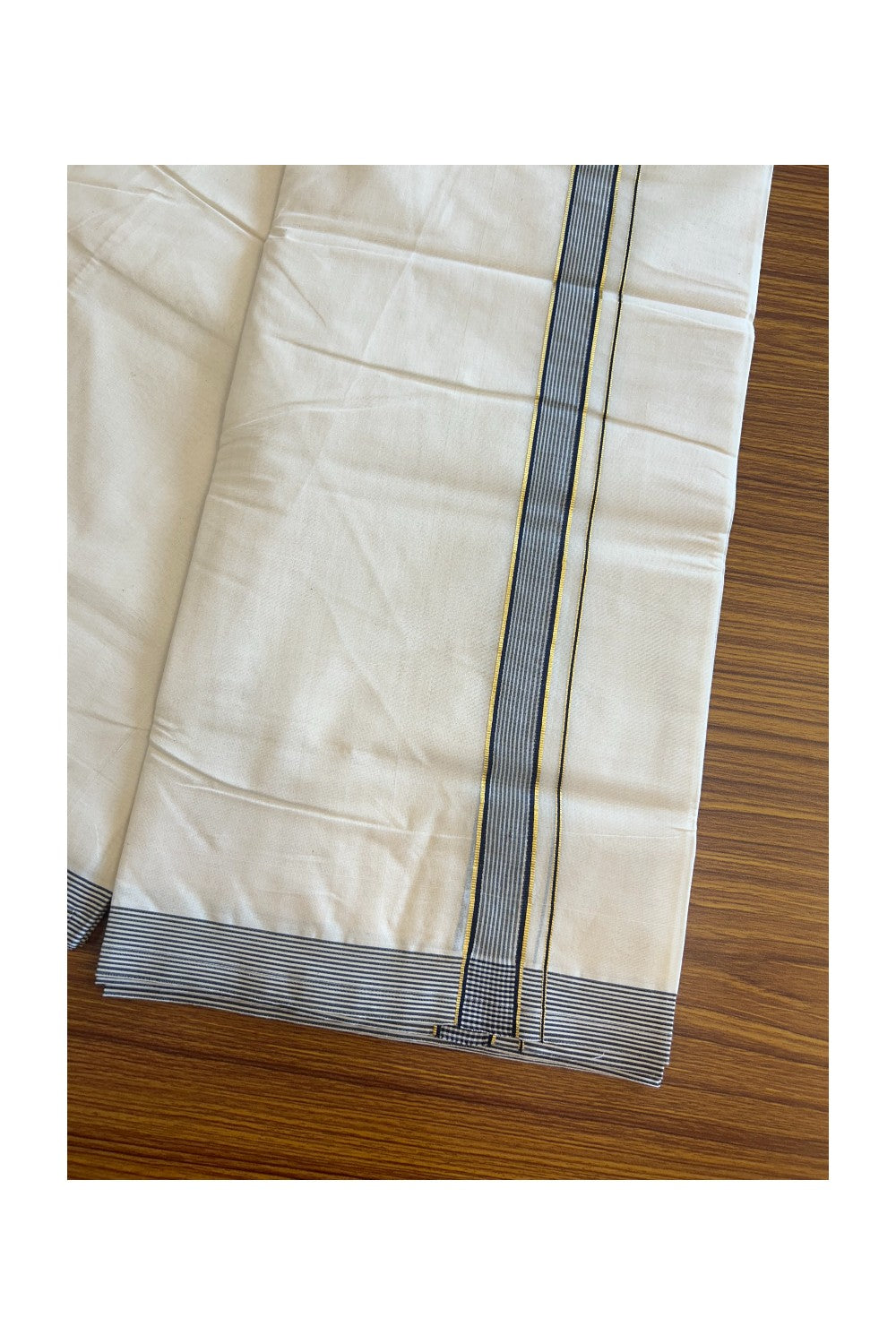 19% Discount ! KaithariKada Balaramapuram 100% Cotton Double Off white - (Unbleached) - Mundu/Dhoti- 100x100 - 1.5 inch Gold Kasavu & Navy Blue Striped Kara.- 4KK5117ASH