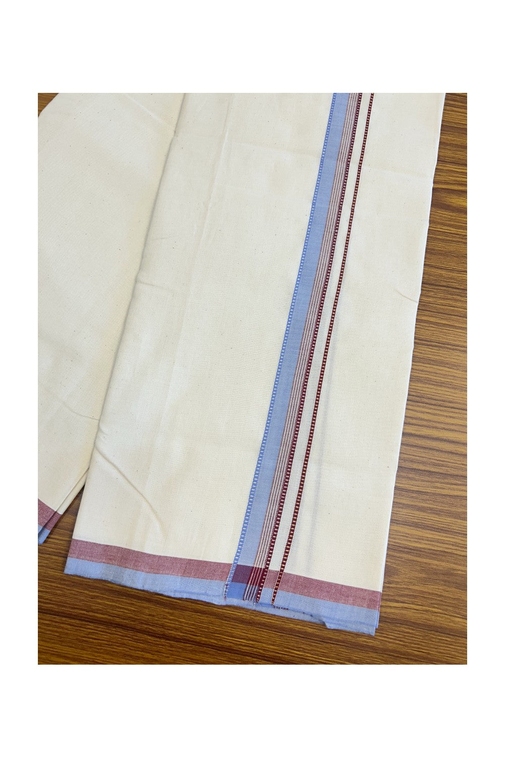 SIGNATURE KAITHARIKADA EXCLUSIVE SINGLE DHOTI -30% Discount!  100% Cotton Balaramapuram HANDLOOM Single Mundu/Dhoti - Off White - (Unbleached) 1 inch Lavender Blue & Maroon Silver gold Kasavu Muthukuri white striped kara  (2meters /4muzham) - 3KK5131KAI