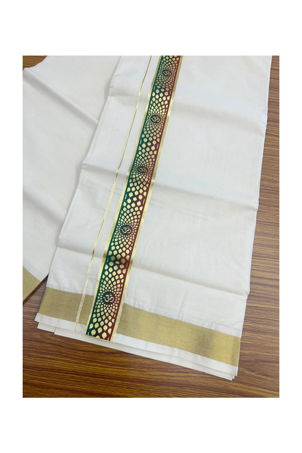 19% Discount !! KaithariKada Balaramapuram 100% Cotton Double Off white - (Unbleached) Mundu/Dhoti-100X80- 1.5 inch Hand Painted Kasavu Maroon & Green OHM Design Kara- 4KK5135GAN