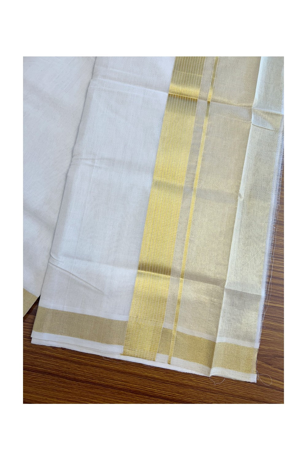 30% DISCOUNT! KaithariKada HANDLOOM Unakkupaav Balaramapuram - 100% PURE Cotton Off White (Unbleached) -  Double Mundu/Dhoti - 100x100 -  7 inch Gold Kasavu Striped Kara & Half Tissue- 4KK5141ABH