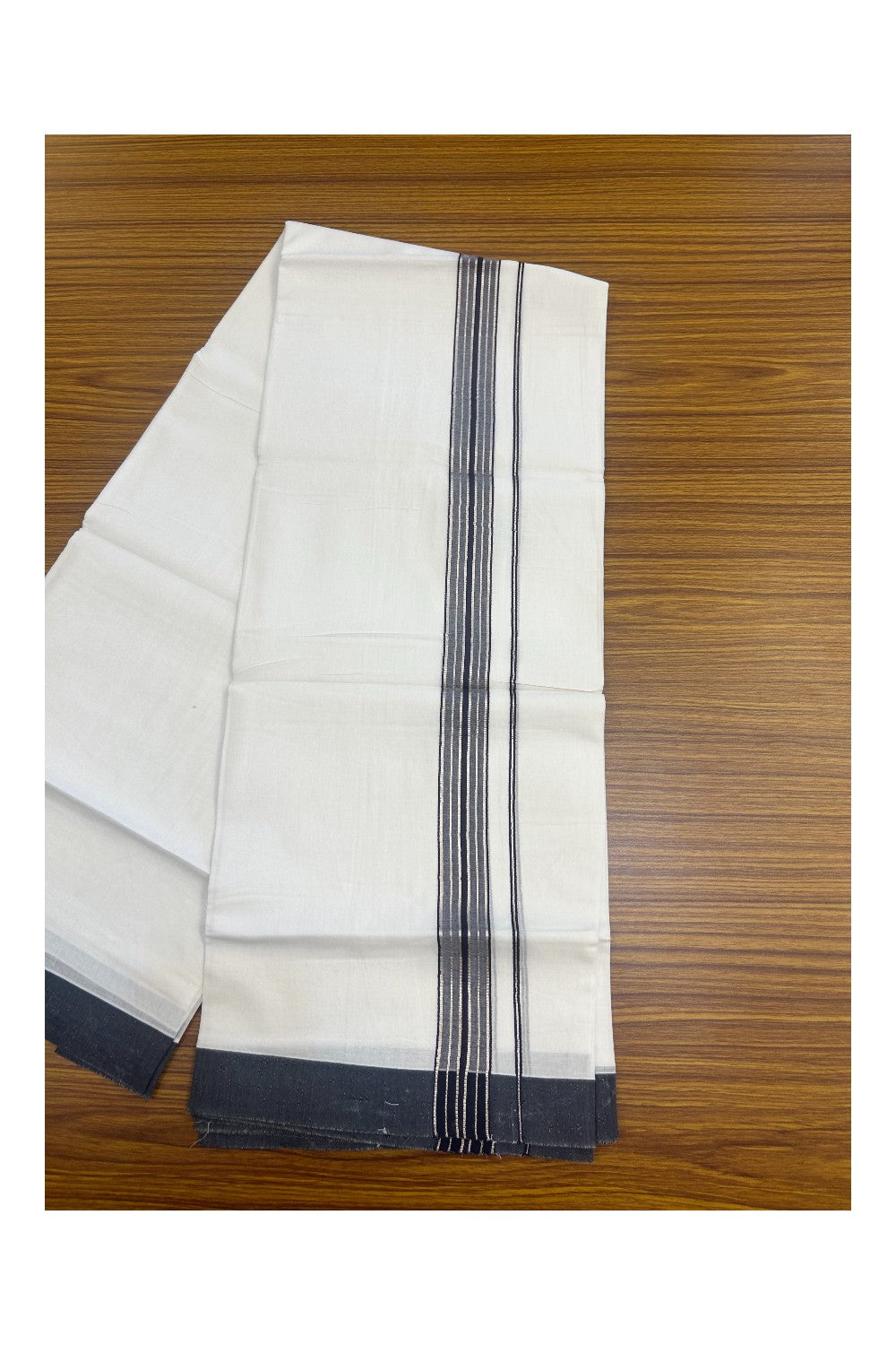 20% Discount !! KaithariKada Balaramapuram Double PURE WHITE Mundu/Dhoti- 100x80 - 1.5 inch Dark Navy Blue Kara Silver Striped kara - 4KK5143PMC