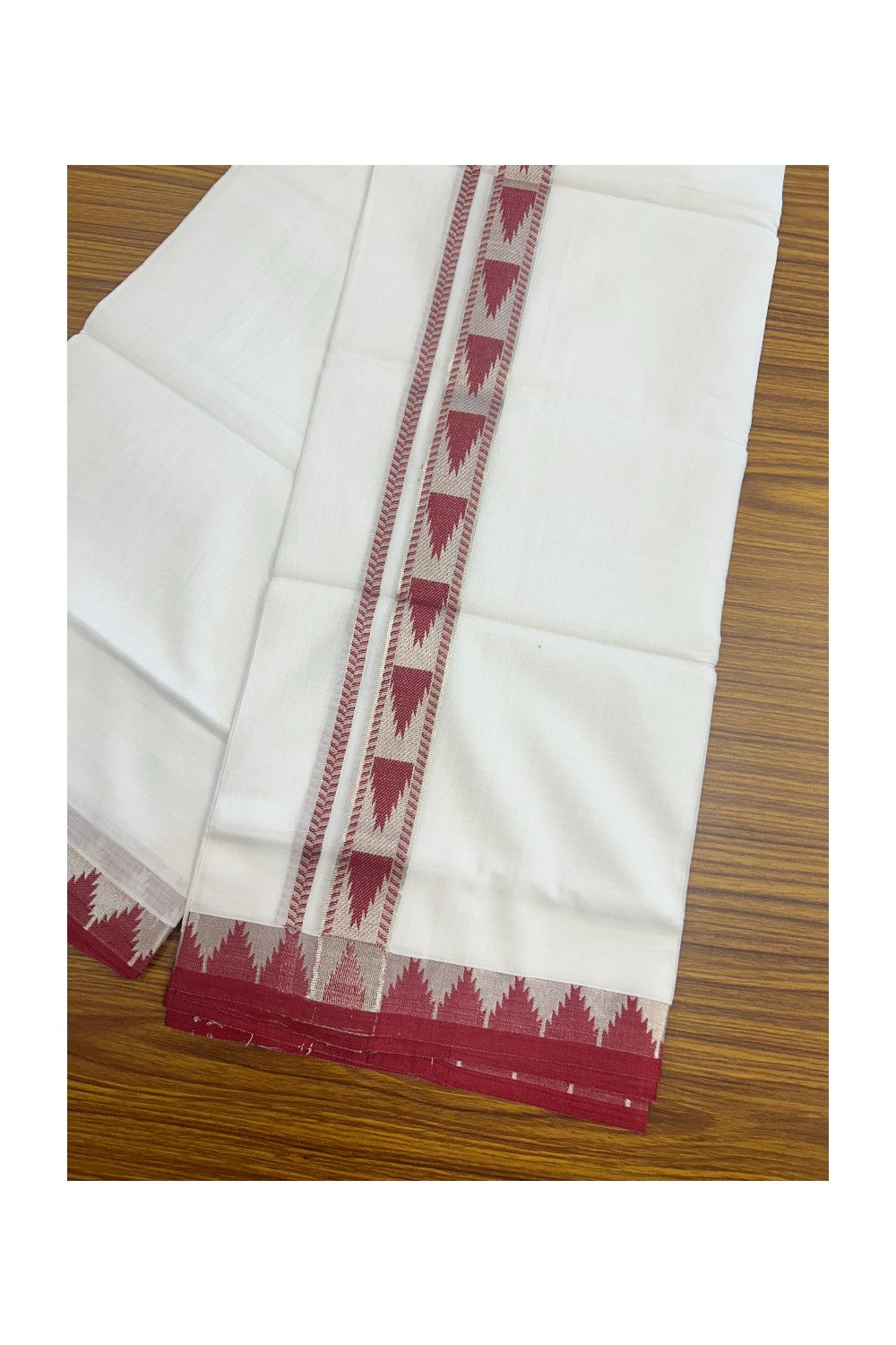 20% DISCOUNT! KaithariKada Balaramapuram 100% Cotton Double PURE white Mundu/Dhoti - 100x80 - 1.25 Inch Magenta Red & Silver kasavu Temple Design Kara - 4KK5147PMC