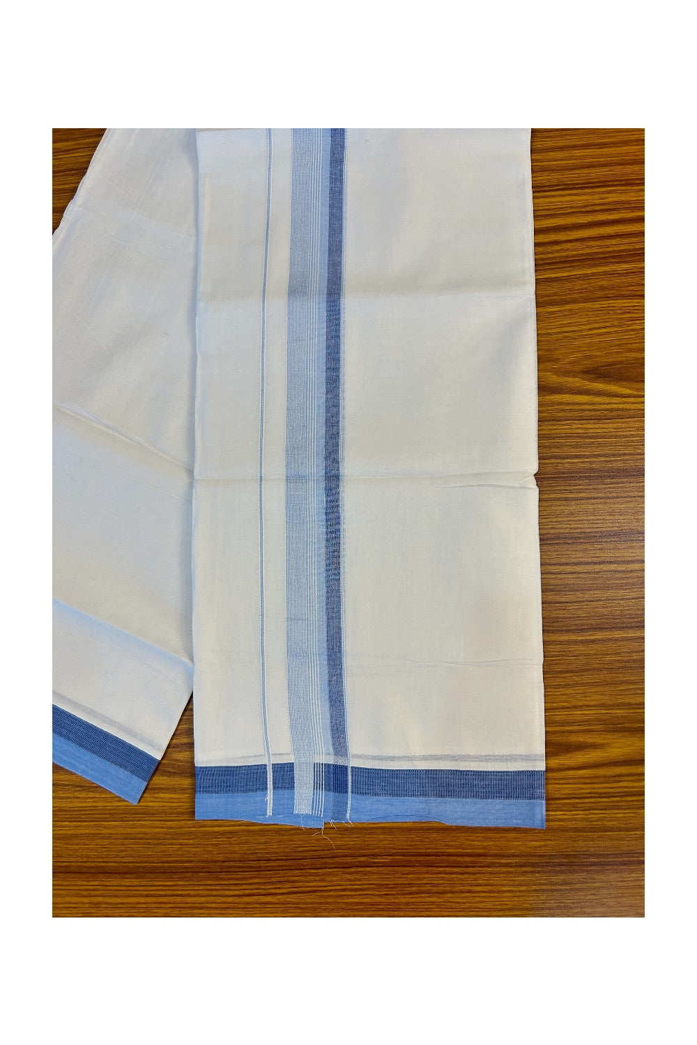 21% DISCOUNT!! Kaitharikada Balaramapuram 100% Cotton Ultra WHITE Double Mundu/Dothi-100x80   2.25 Inch BLUE & WHITE STRIPED Cotton Kara -4KK63VIN