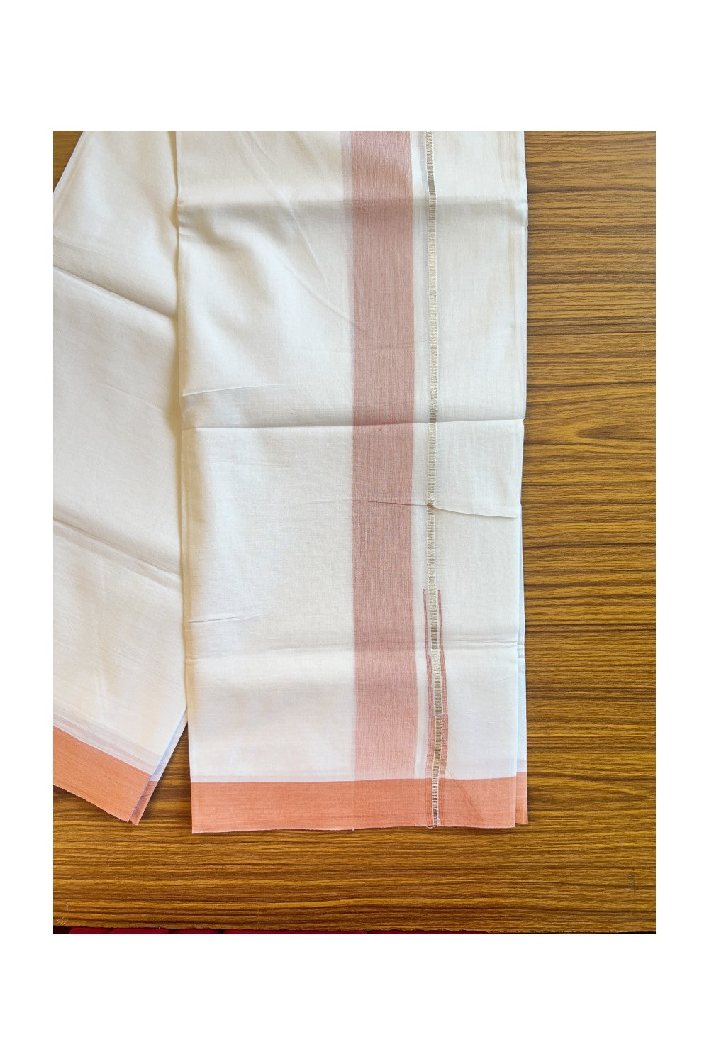 21% DISCOUNT! KaithariKada Balaramapuram 100% Cotton PURE WHITE Double Mundu/Dhoti-100x92 Puliyilakkara Chutty Silver Kasavu & Orange Brown 2.5 inch Shaded Kara - 4KK73VAS