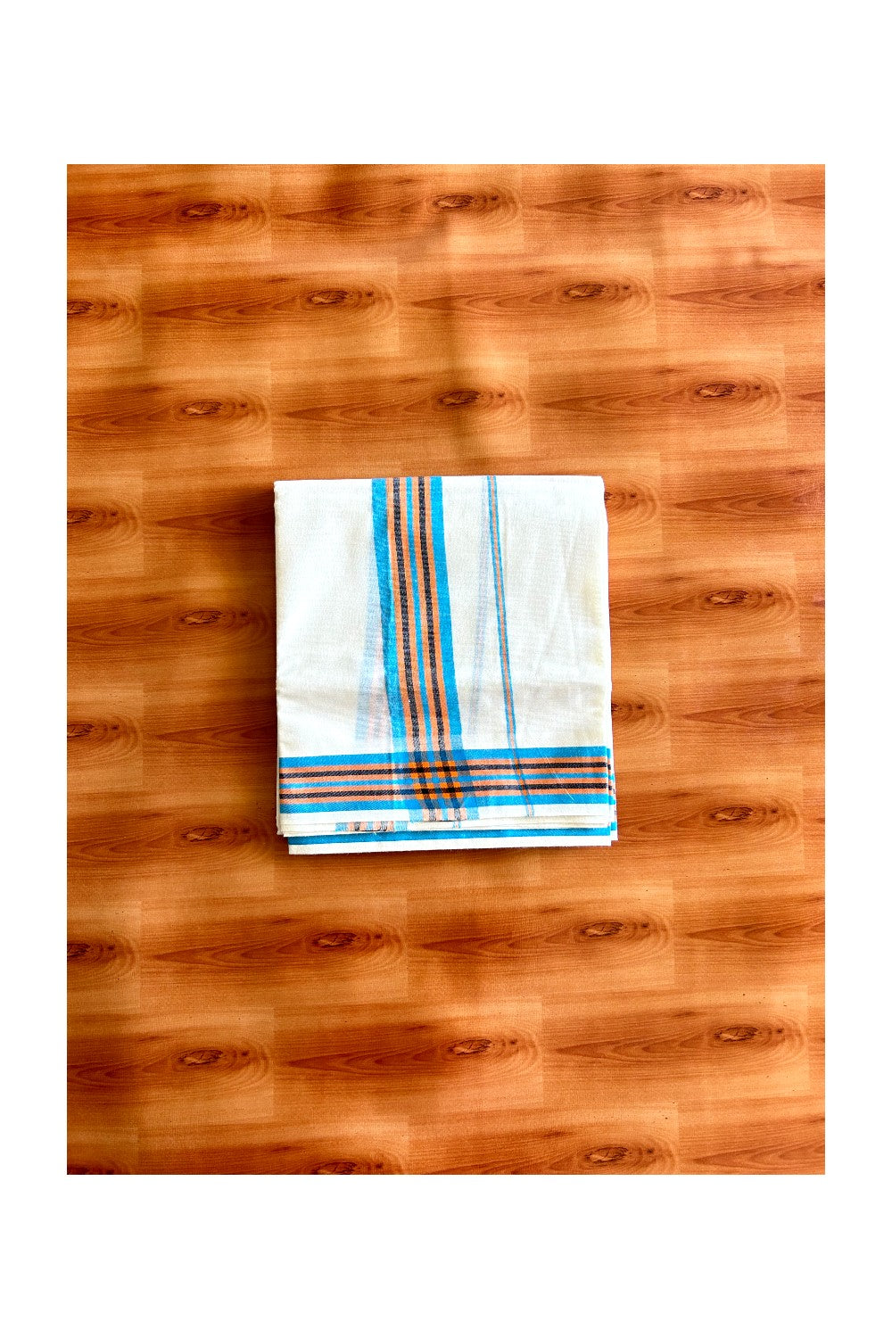 16% Discount!! KaithariKada - Kerala Cotton Single Set Mundu Blue, Orange & Black Striped Mulloth Kara- 4KK494VIN