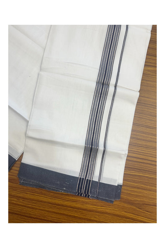 20% Discount !! KaithariKada Balaramapuram Double PURE WHITE Mundu/Dhoti- 100x80 - 1.5 inch Dark Navy Blue Kara Silver Striped kara - 4KK5143PMC