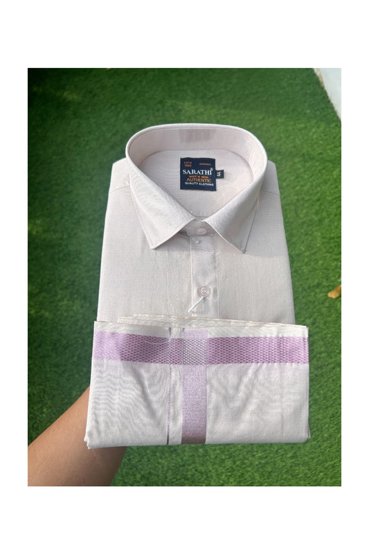 NEW! Kaitharikada Special - Pure Silk Men's Shirt & Dhoti Set - Light Purple Full Sleeve shirt and Light Purple  Dhothi with Light Purple Kasavu Kara- 4KK6003SAR.