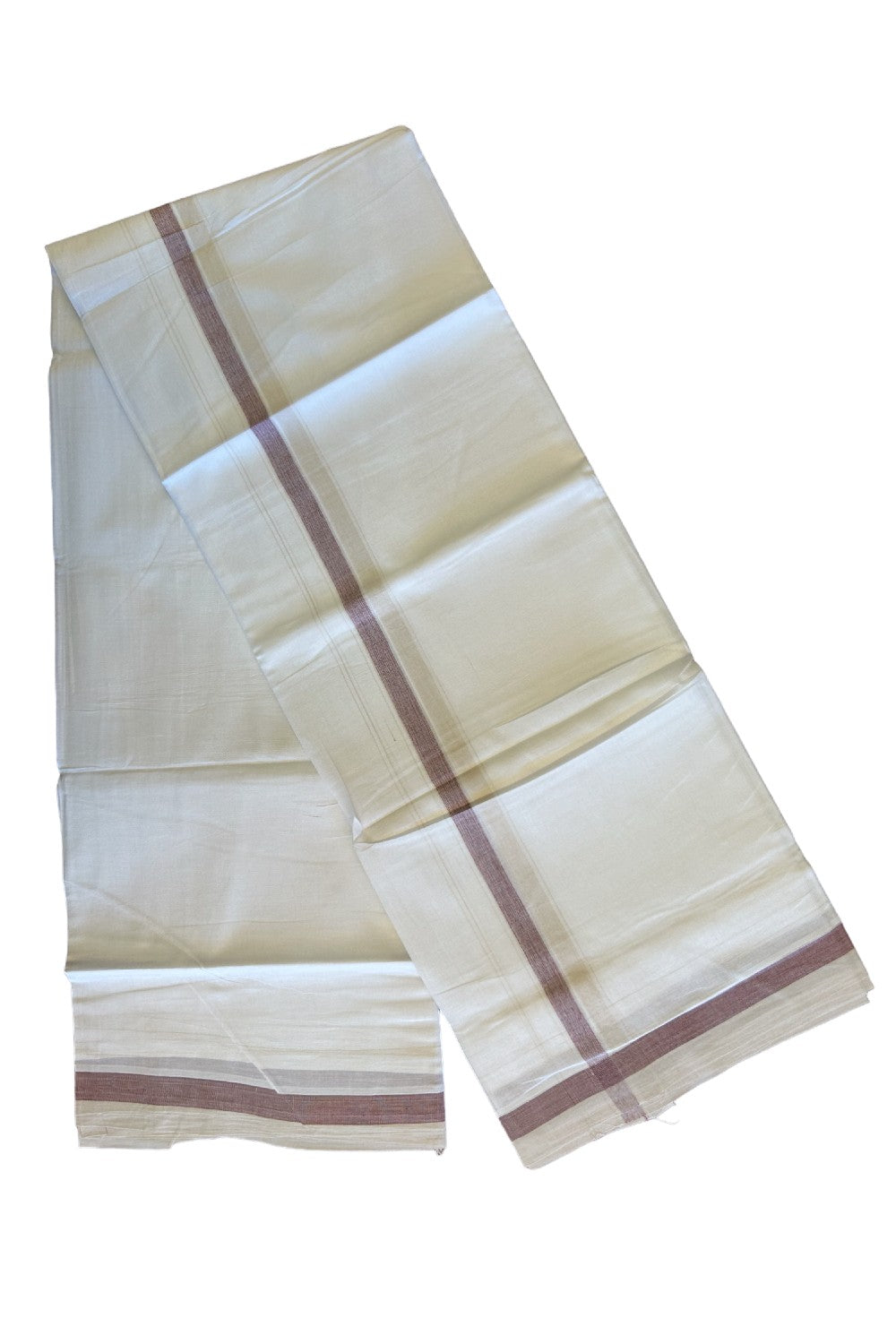 15% DISCOUNT!! Kaitharikada Balaramapuram 100% Cotton Ultra WHITE Double Mundu/Dothi-100x90  2 Inch Cream & Maroon shaded stripes kara - 40KK430VAS