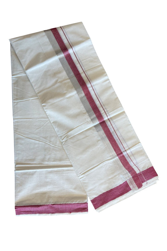 10% DISCOUNT ! KaithariKada Balaramapuram 100%  Cotton Double Off white - (Unbleached) Mundu/Dhoti-100X100- 2.15 inch PINK RED   & SILVER Kara- 4