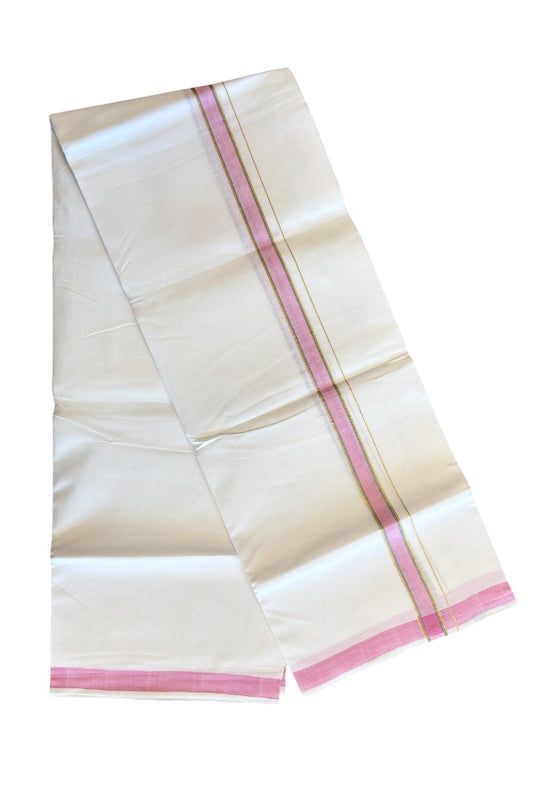 20% OFFER! KaithariKada 100% Cotton Balaramapuram HANDLOOM Single  PURE WHITE Mundu/Dhoti - 3.5 cm Pink Kasavu Kara & Blue Stripes Design - 40KK5067KK