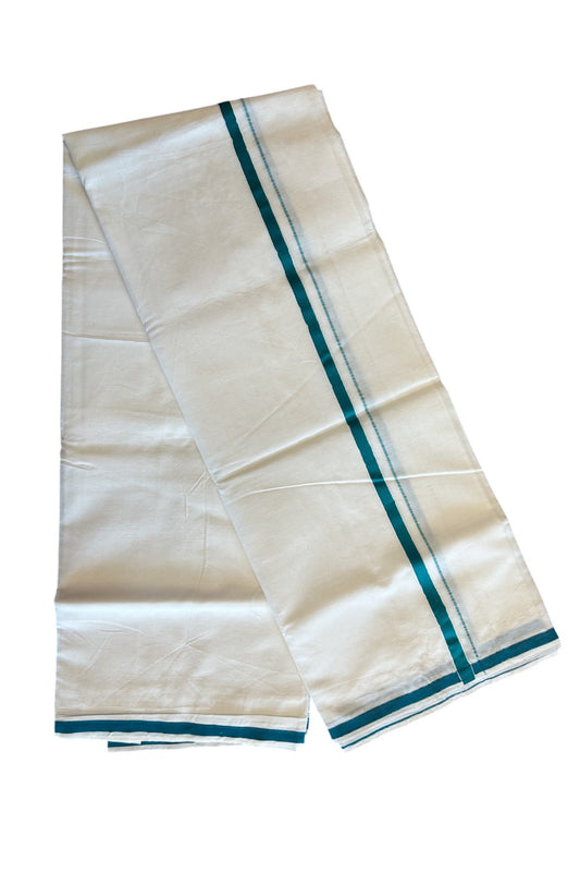 KaithariKada Cotton Mix PURE White  Double  Dhoti/Mundu -   2.25 cm PEACOCK GREEN Kara.