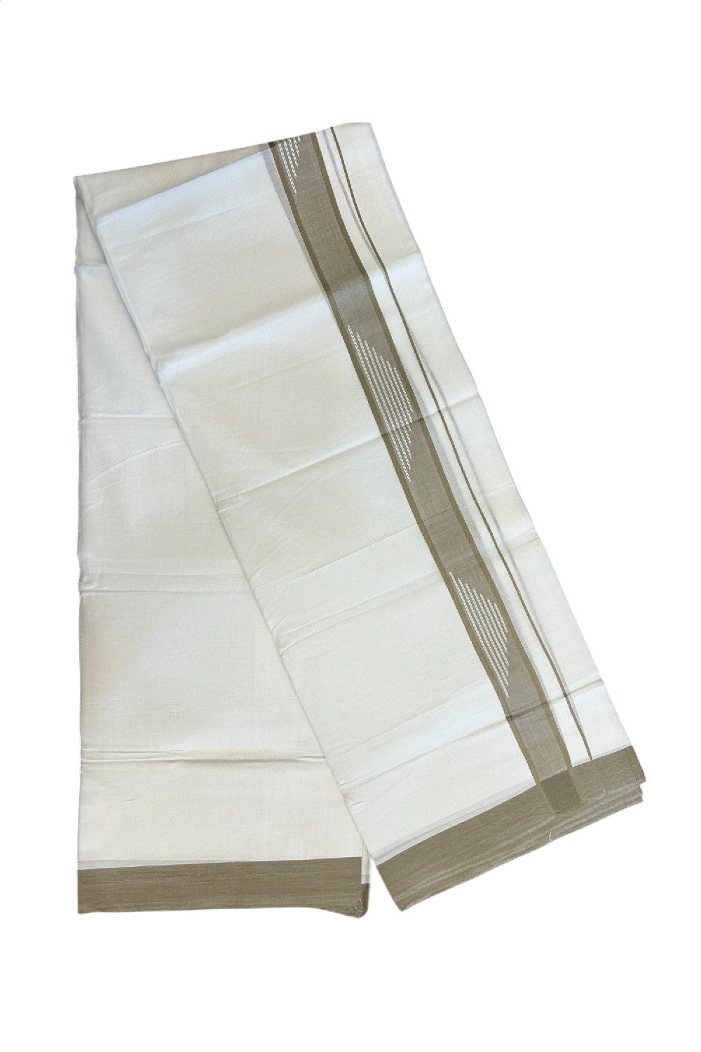 20% DISCOUNT! KaithariKada Balaramapuram Double PURE WHITE 100% Cotton Mundu/Dhoti - 100x80 - 1.5 inch Jacquard Light Brown Kara Putta Design - 38KK5139THI