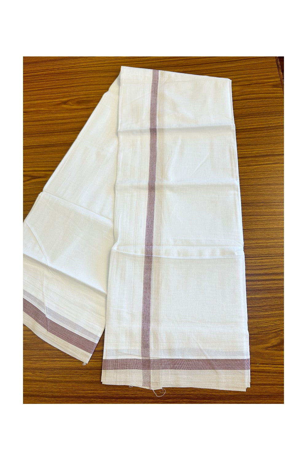 15% DISCOUNT!! Kaitharikada Balaramapuram 100% Cotton Ultra WHITE Double Mundu/Dothi-100x90  2 Inch Cream & Maroon shaded stripes kara - 40KK430VAS