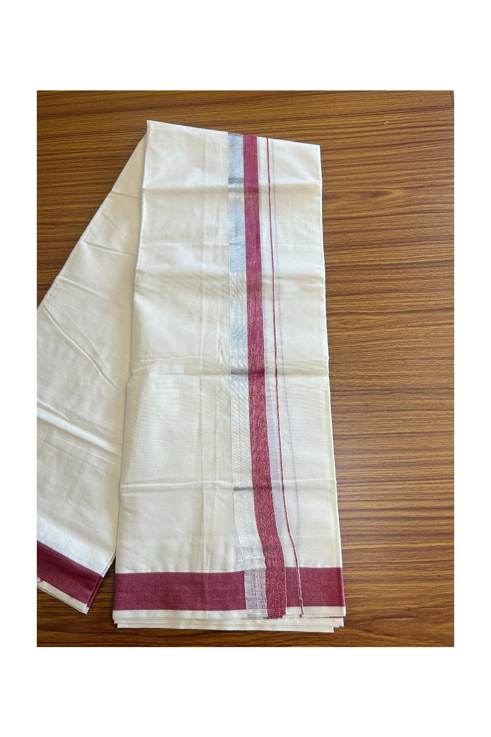 10% DISCOUNT ! KaithariKada Balaramapuram 100%  Cotton Double Off white - (Unbleached) Mundu/Dhoti-100X100- 2.15 inch PINK RED   & SILVER Kara- 4