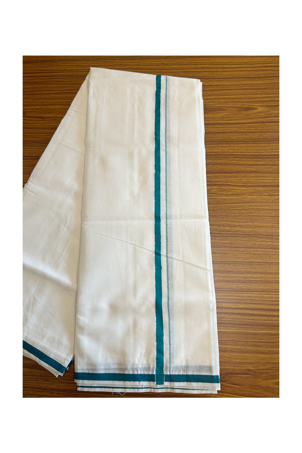 KaithariKada Cotton Mix PURE White  Double  Dhoti/Mundu -   2.25 cm PEACOCK GREEN Kara.