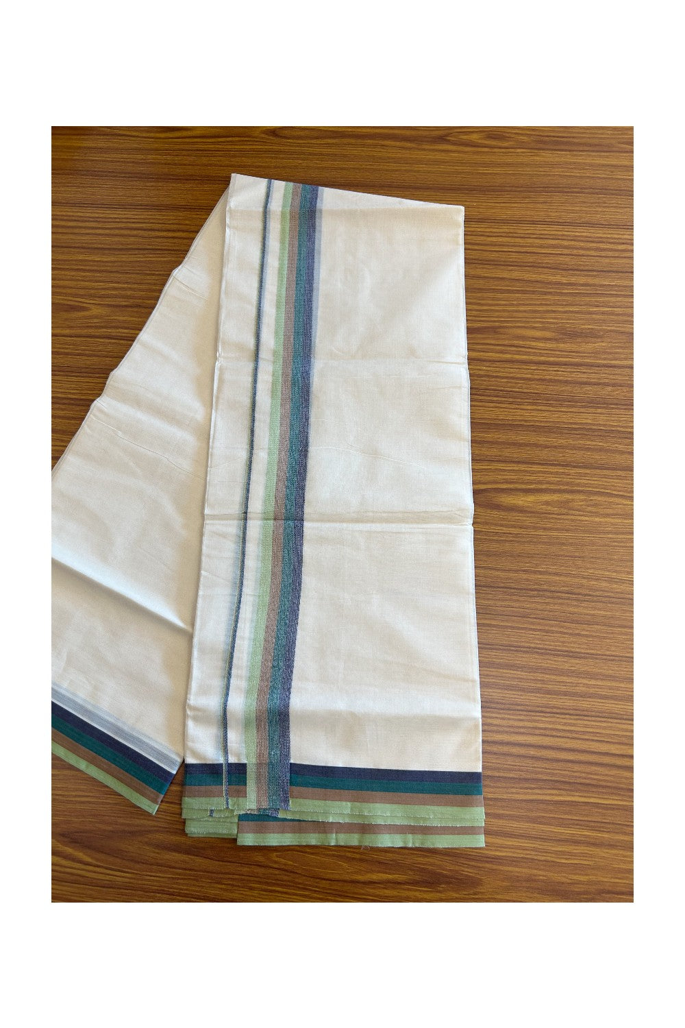 20% DISCOUNT ! KaithariKada Balaramapuram 100% Cotton off white (Unbleached) Double  Mundu/Dhoti - 100X90 - 2.75 inch Multi Colour kara - 40KK5113PMC