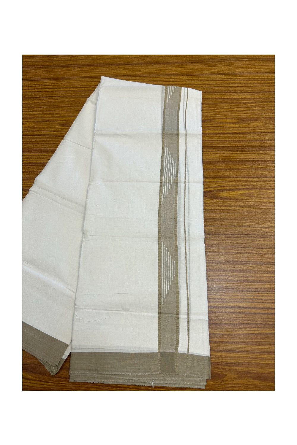 20% DISCOUNT! KaithariKada Balaramapuram Double PURE WHITE 100% Cotton Mundu/Dhoti - 100x80 - 1.5 inch Jacquard Light Brown Kara Putta Design - 38KK5139THI