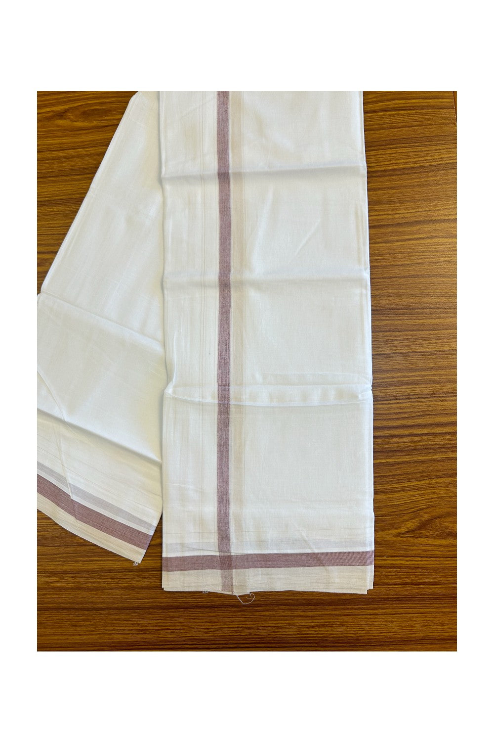 15% DISCOUNT!! Kaitharikada Balaramapuram 100% Cotton Ultra WHITE Double Mundu/Dothi-100x90  2 Inch Cream & Maroon shaded stripes kara - 40KK430VAS